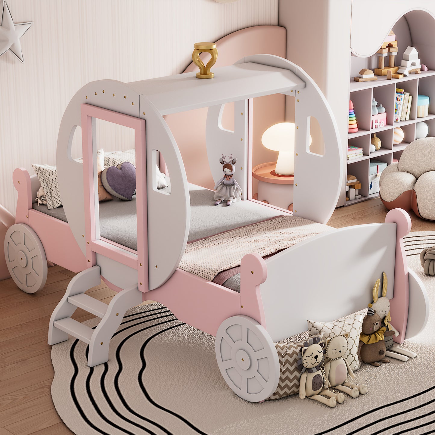 princess carriage bed with crown ,white+pink