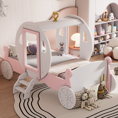 Princess Carriage Bed with Crown ,White+Pink