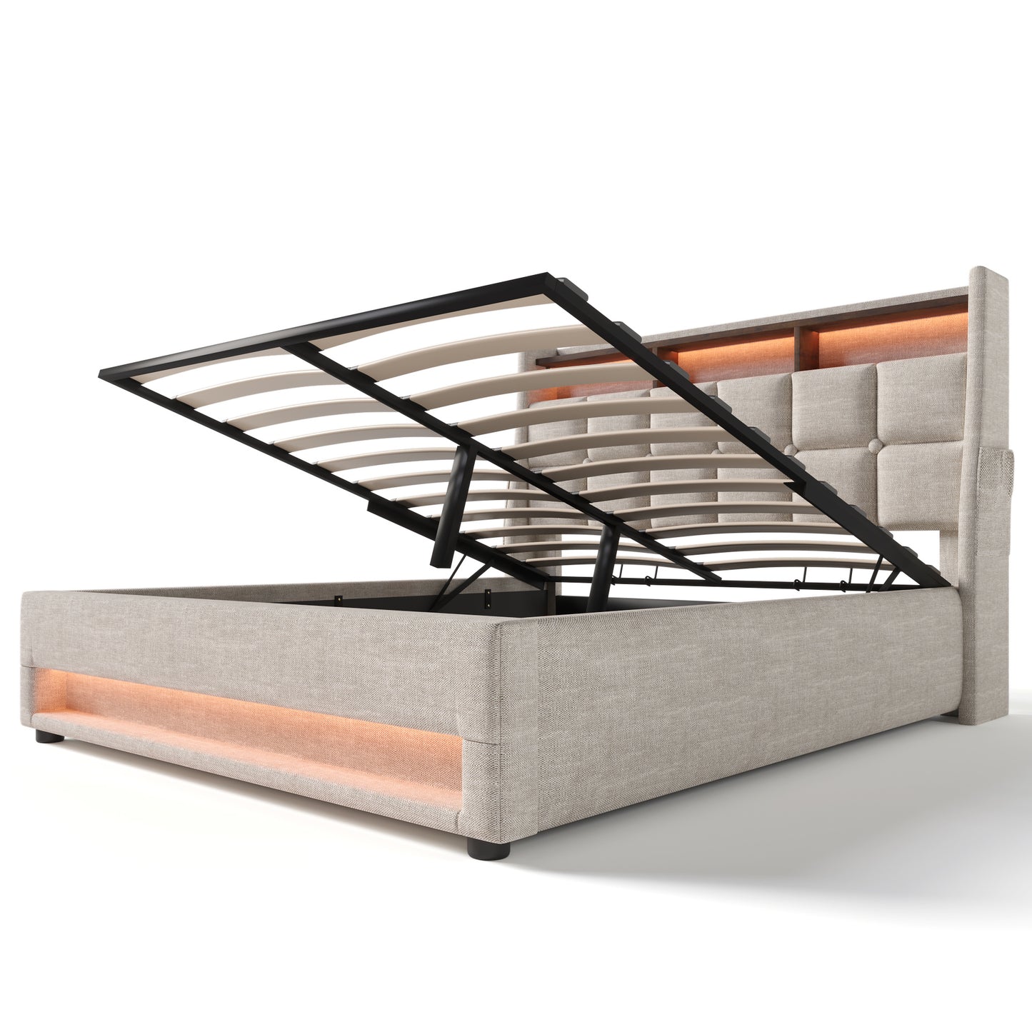 jody upholstered platform bed with a hydraulic storage system, led and usb charging,