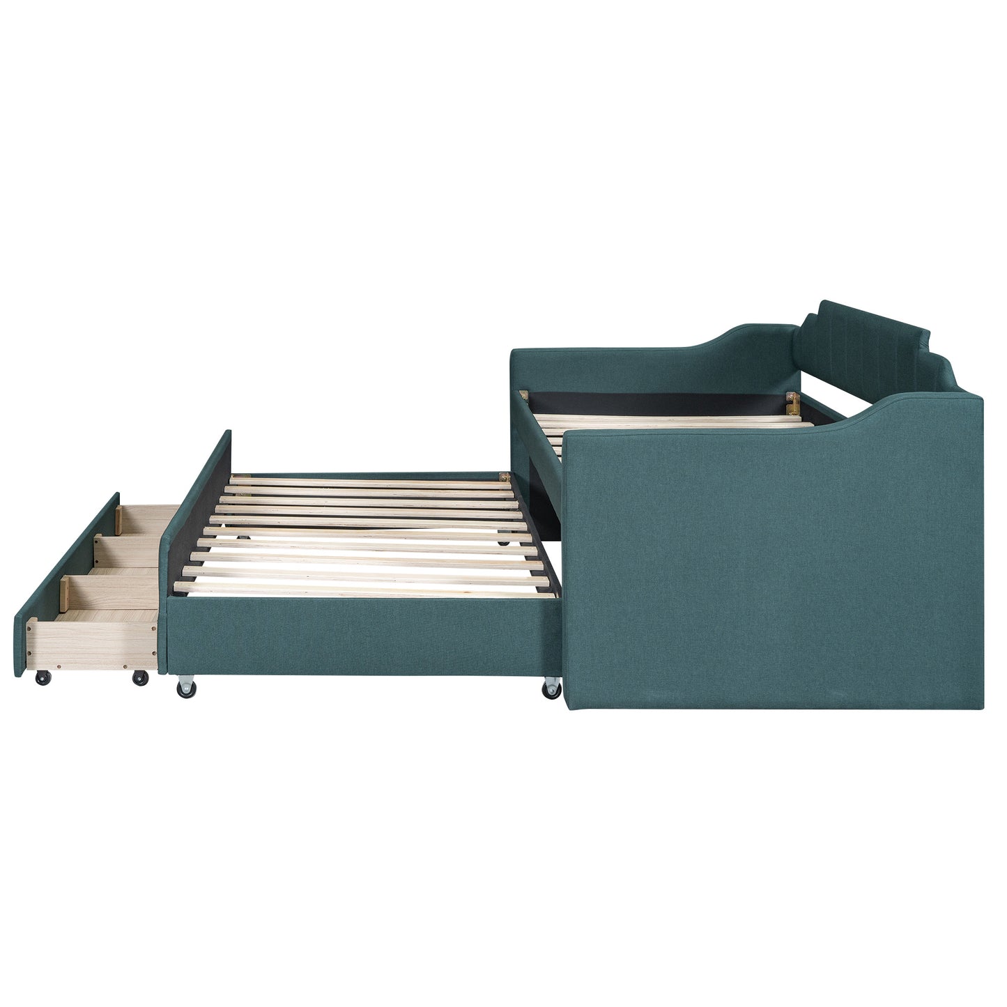 eli upholstered daybed with trundle and three drawers, green