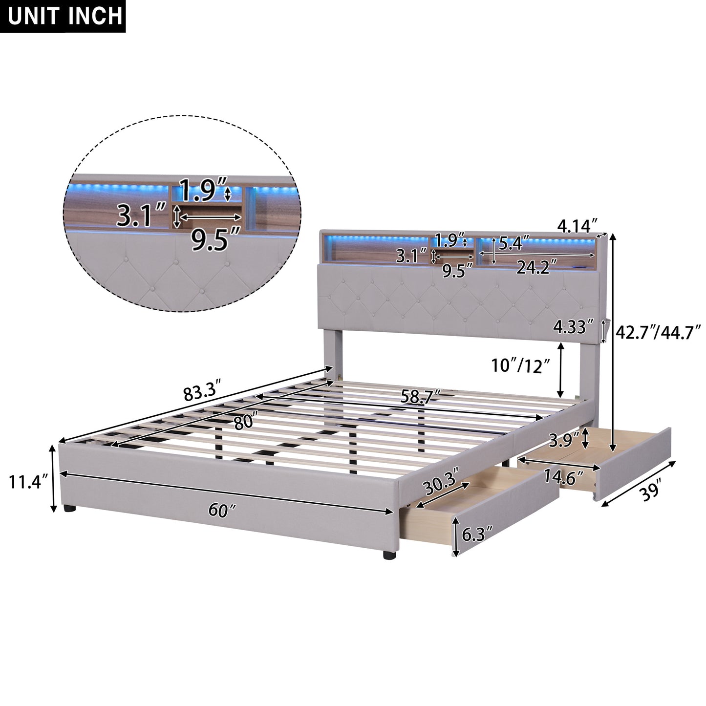 upholstered platform bed with storage headboard, led, usb charging and 2 drawers
