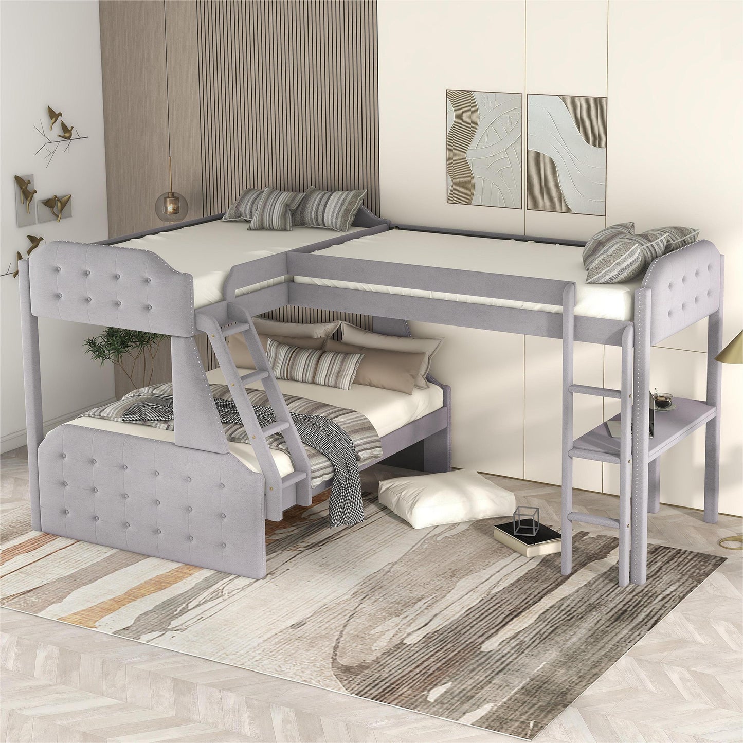 l-shaped twin over full bunk bed and twin sie loft bed with desk