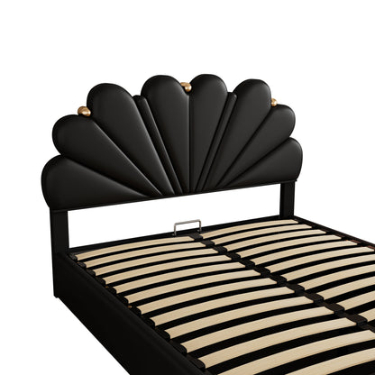 Upholstered Petal Shaped Platform Bed with Hydraulic Storage System, PU Storage Bed, Black