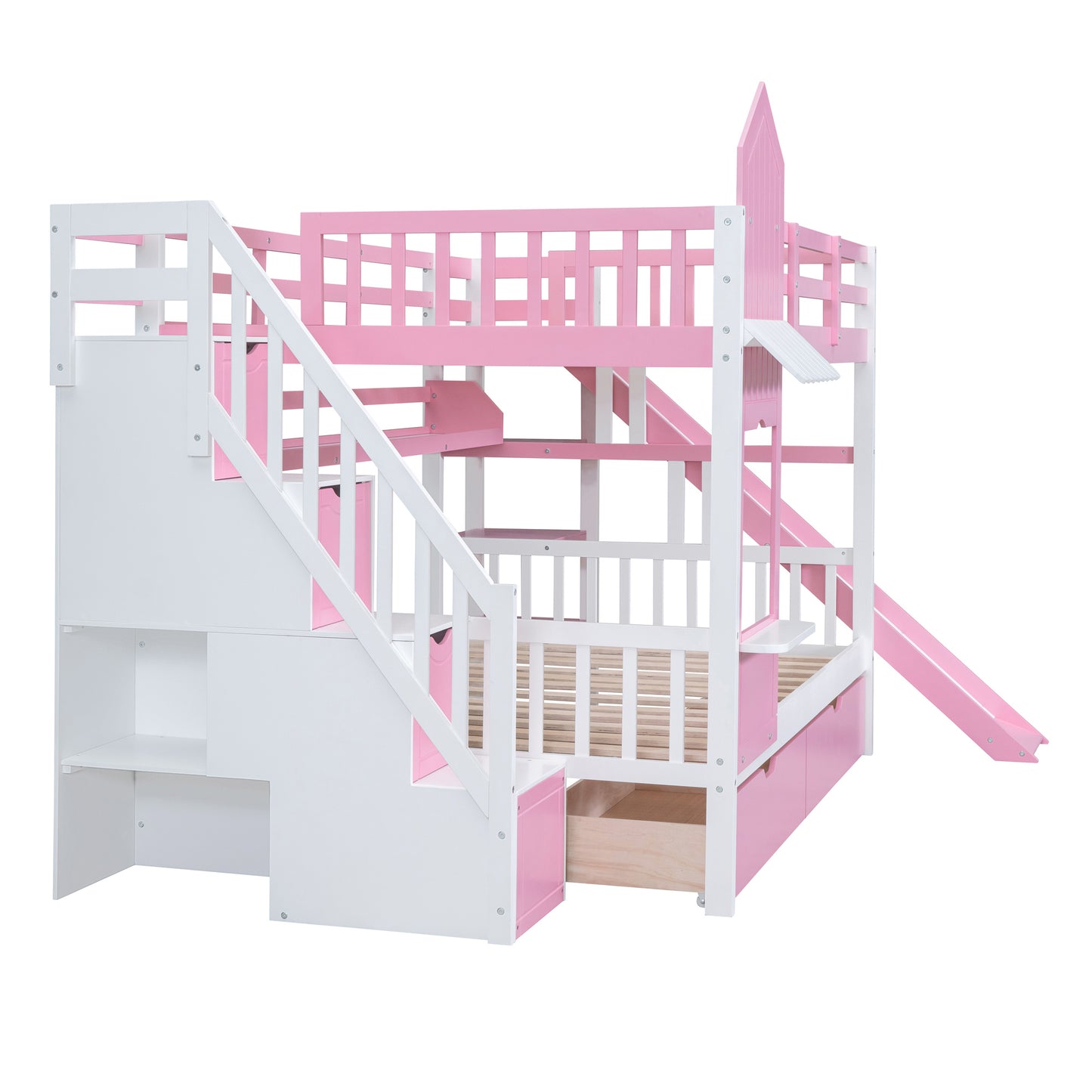full-over-full castle style bunk bed with 2 drawers 3 shelves and slide - pink