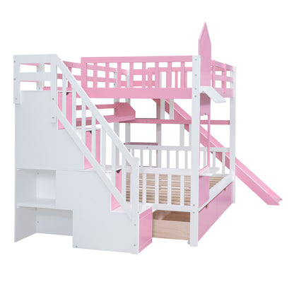Full-Over-Full Castle Style Bunk Bed with 2 Drawers 3 Shelves and Slide - Pink