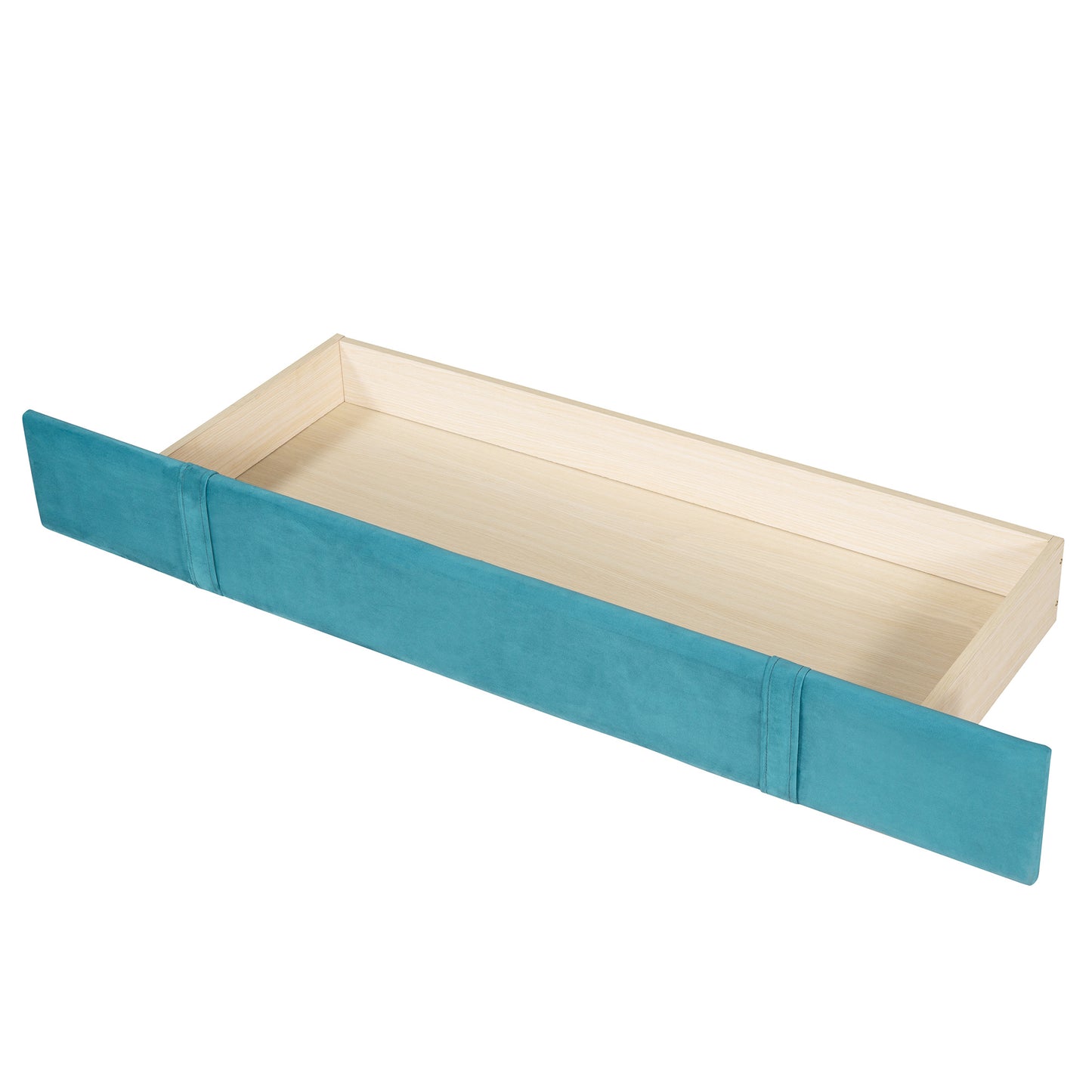 velvet upholstered platform bed with wingback headboard and a big drawer, blue