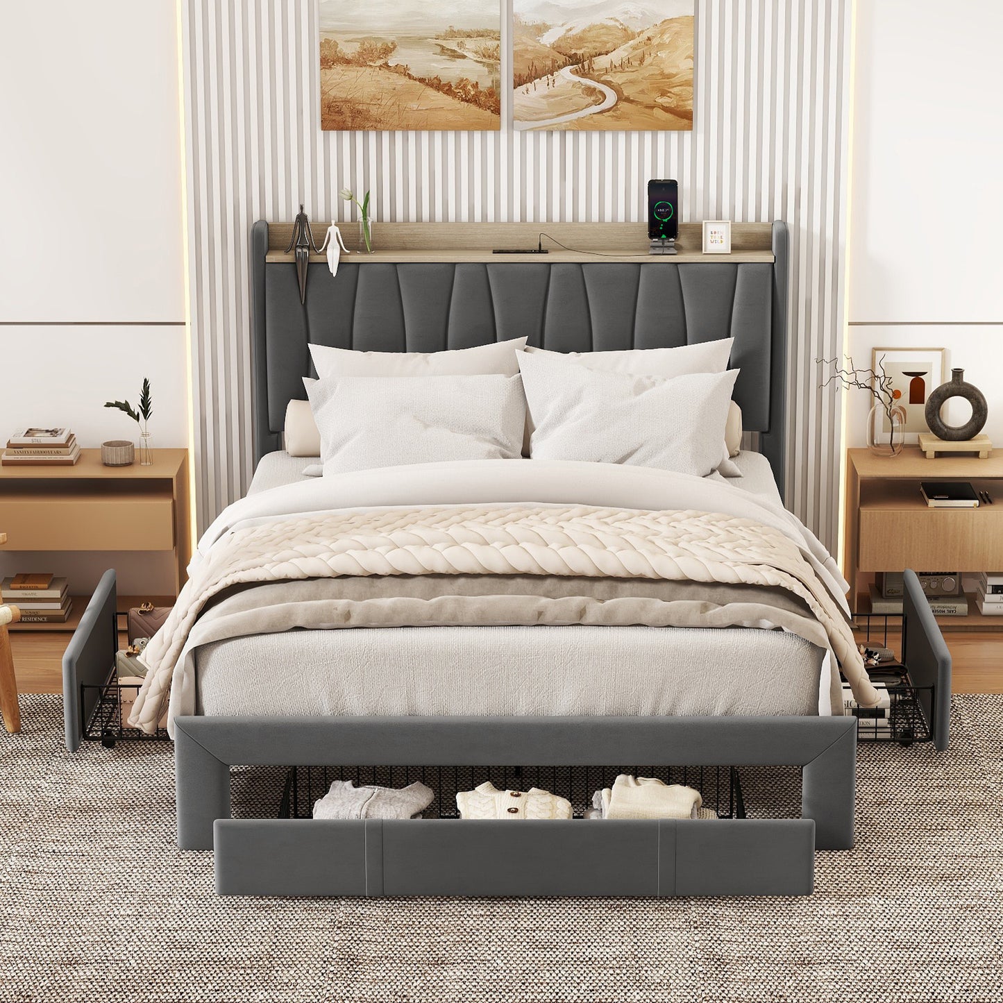 queen size bed frame with storage headboard and charging station,dark gray