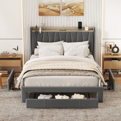 Queen Size Bed Frame with Storage Headboard and Charging Station,Dark Gray