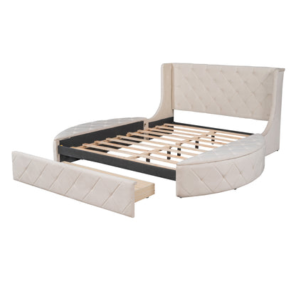 Upholstered Platform Storage Velvet Bed with Wingback Headboard -Biege
