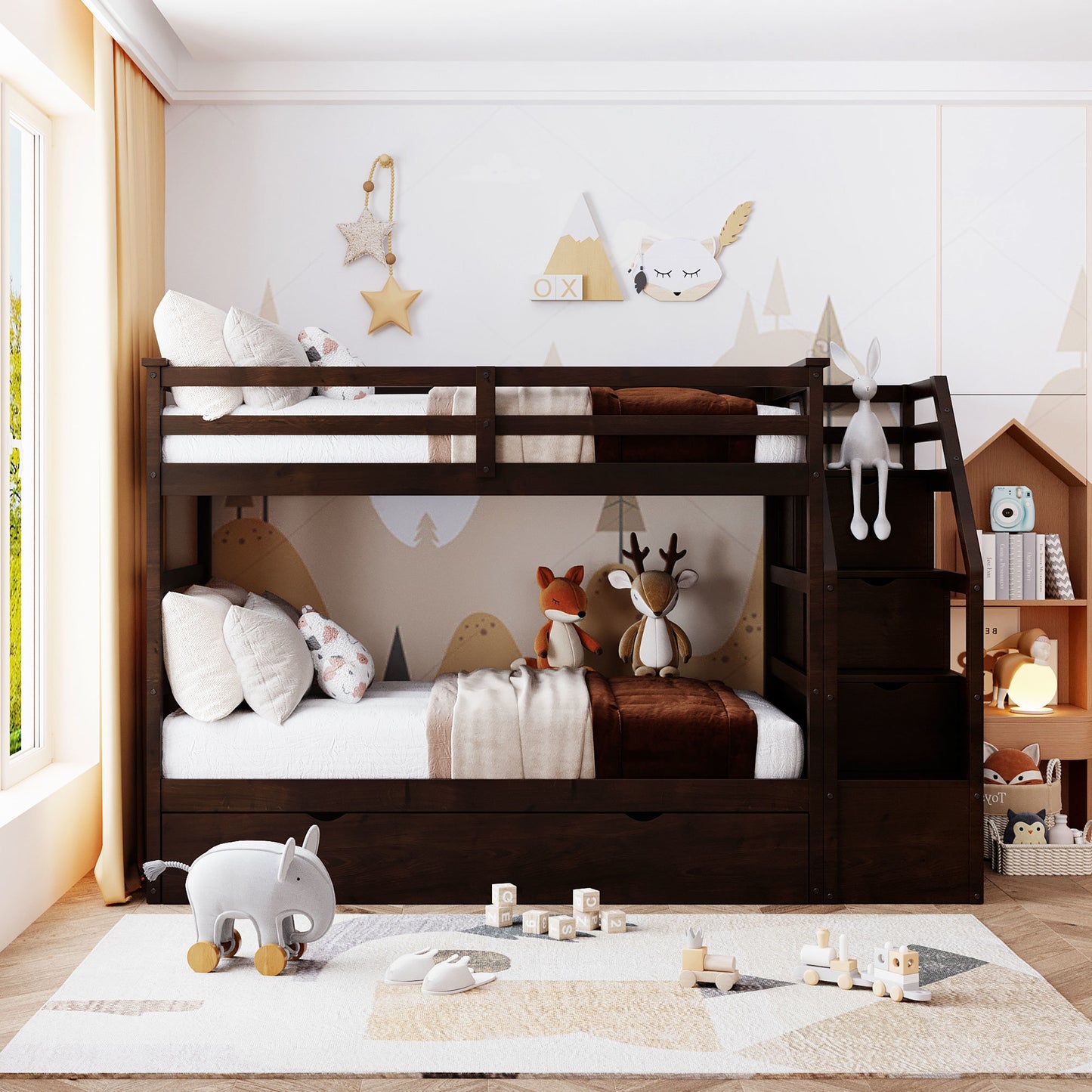 twin-over-twin bunk bed with twin size trundle and 3 storage stairs, espresso