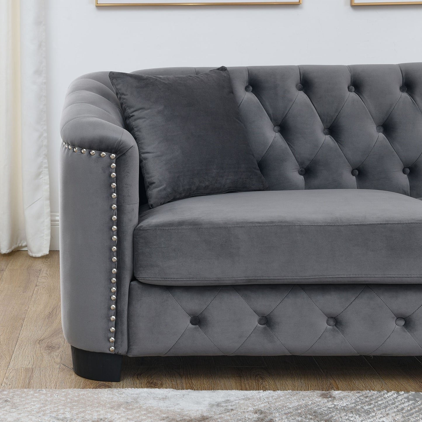 riri modern chesterfield velvet sofa, grey