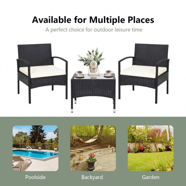 3 pieces patio wicker rattan furniture set with cushion