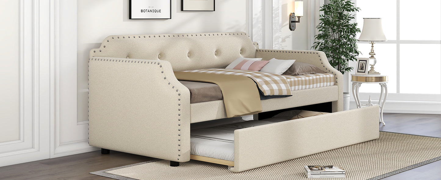 lizzy upholstered bed with trundle, beige