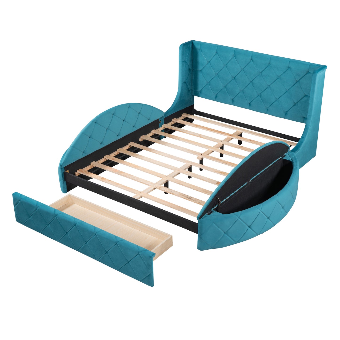 upholstered platform storage velvet bed with wingback headboard, blue