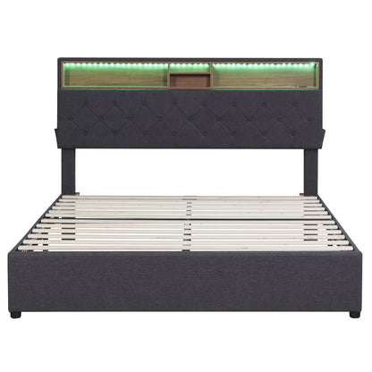 Queen Size Upholstered Platform Bed with Storage Headboard, LED, USB Charging and 2 Drawers, Dark Gray