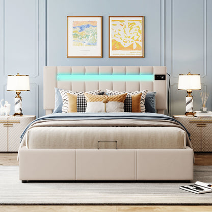 Velvet Upholstered Hydraulic Storage Bed with LED light, Bluetooth Player, and USB Charging