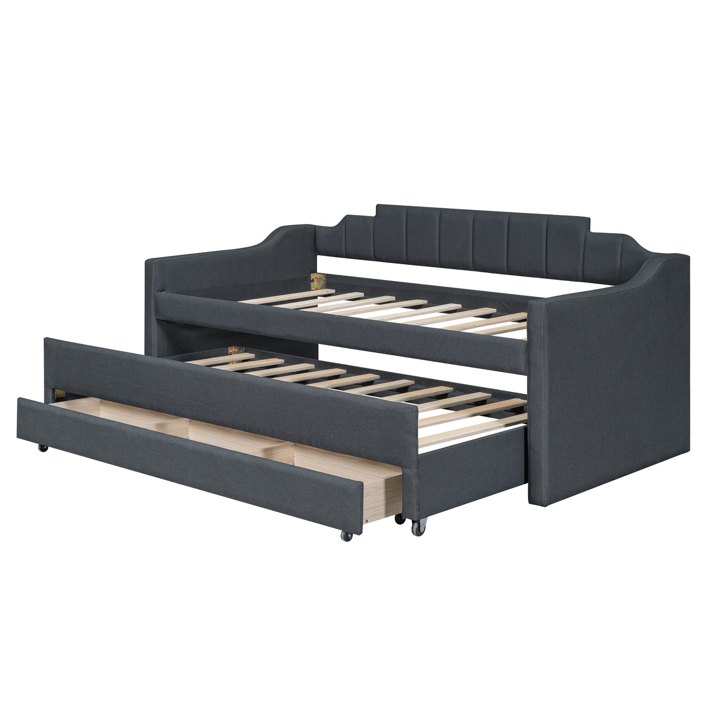 upholstered bed with trundle and three drawers, grey