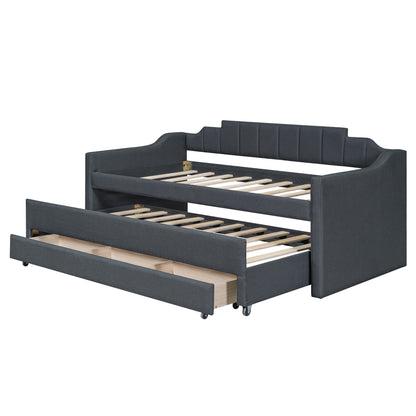 Upholstered Bed with Trundle and Three Drawers, Grey