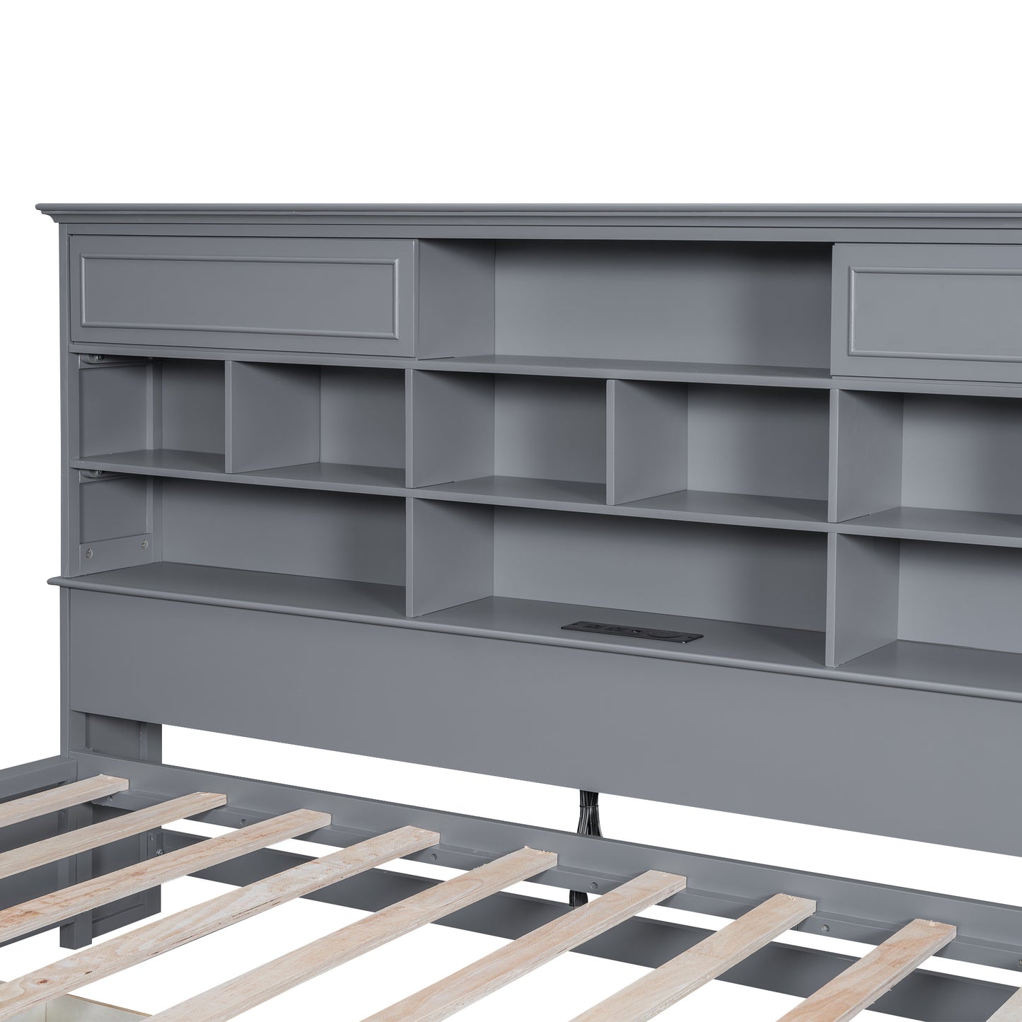wood bed with multi-storage shelves, charging station and 3 drawers, gray