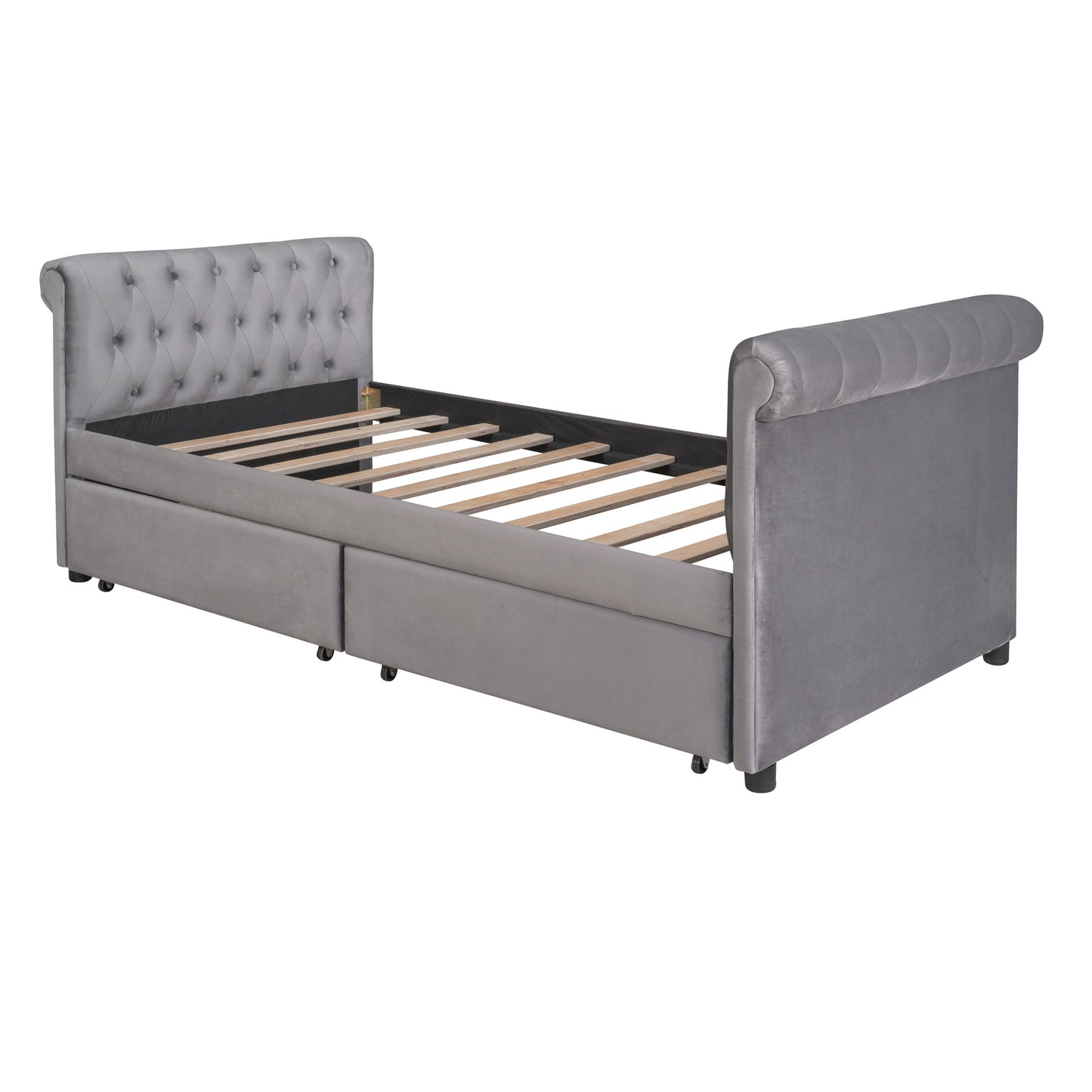 sara upholstered bed with drawers, gray