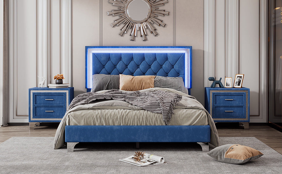 upholstered bed frame with led lights, blue