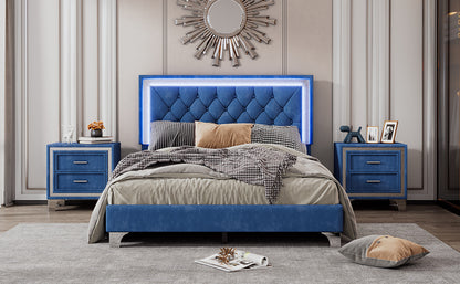 Upholstered Bed Frame with LED Lights, Blue