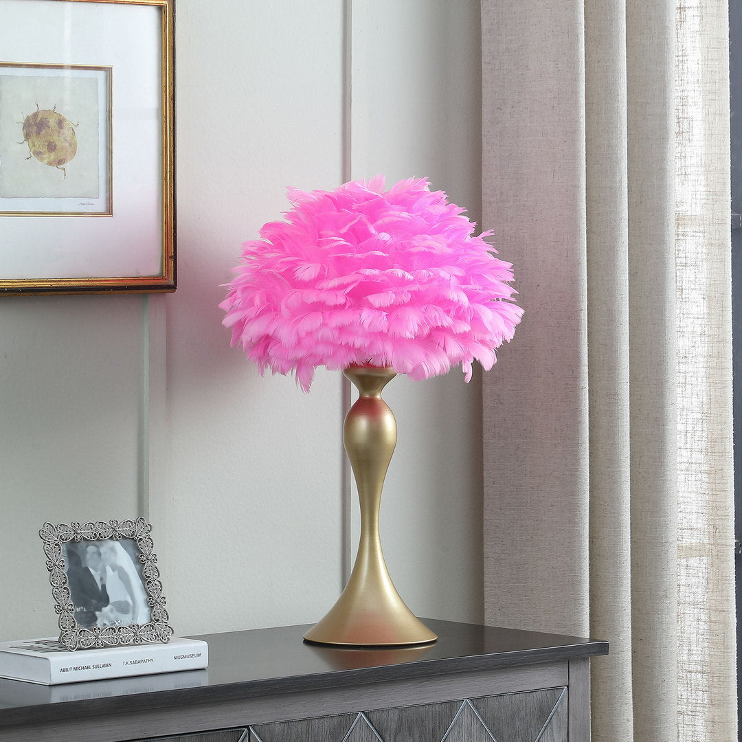18.25"in hot pink feather aquina satin gold metal contour glam table lamp