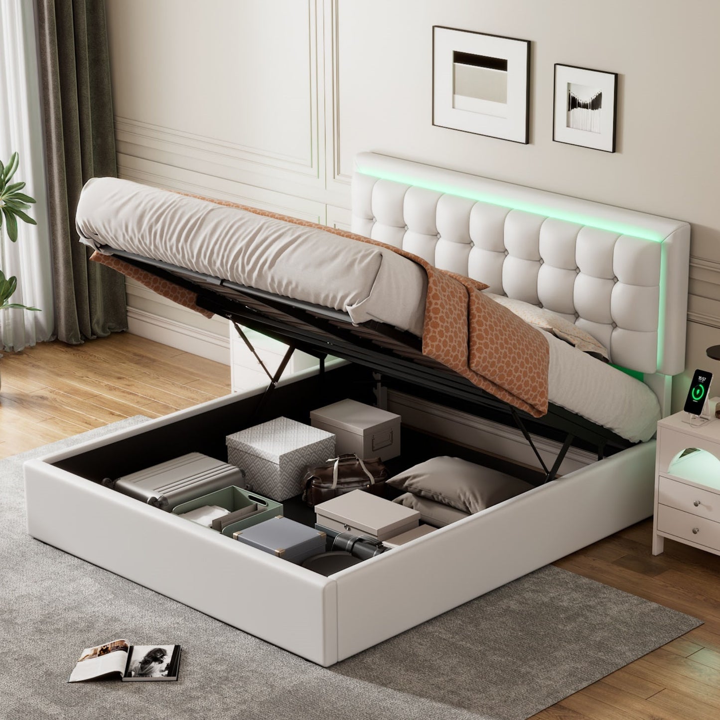 tufted upholstered platform bed with hydraulic storage system & pu storage bed with led lights