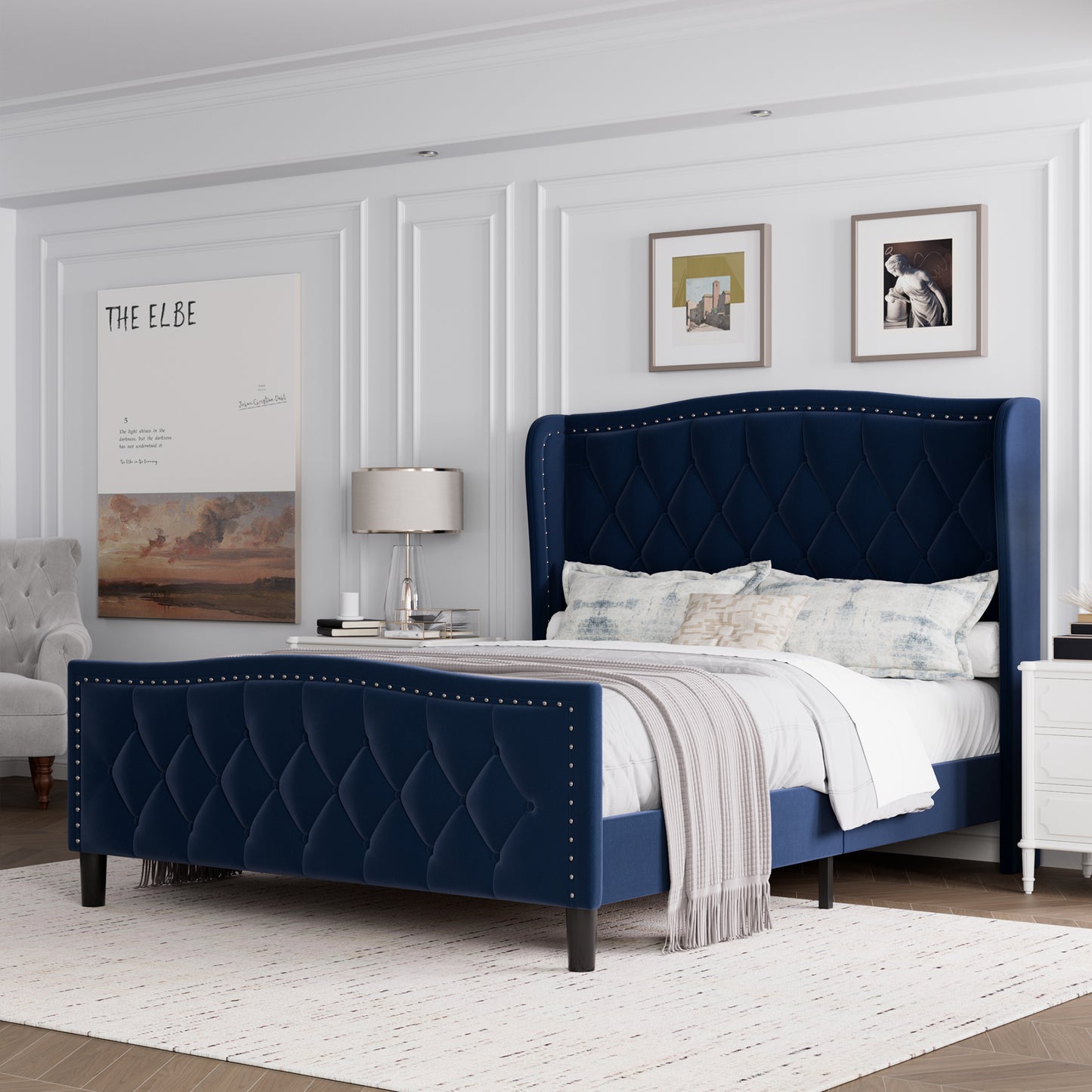 velvet upholstered platform bed with wingback headboard, blue