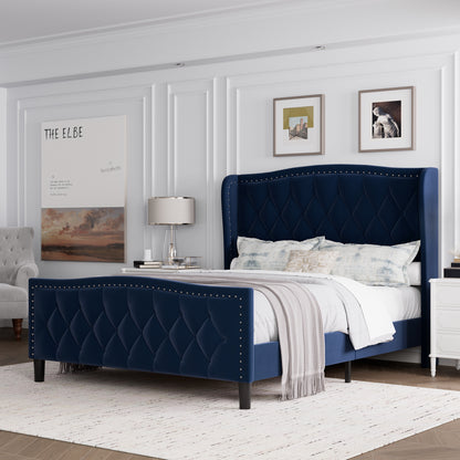 Velvet Upholstered Platform Bed with Wingback Headboard, Blue