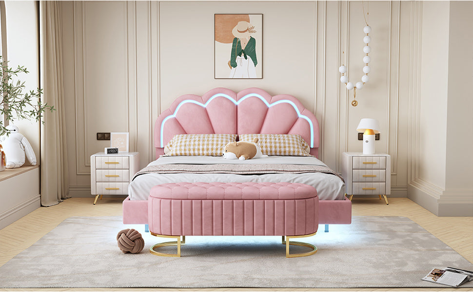 upholstered led platform bed with storage ottoman