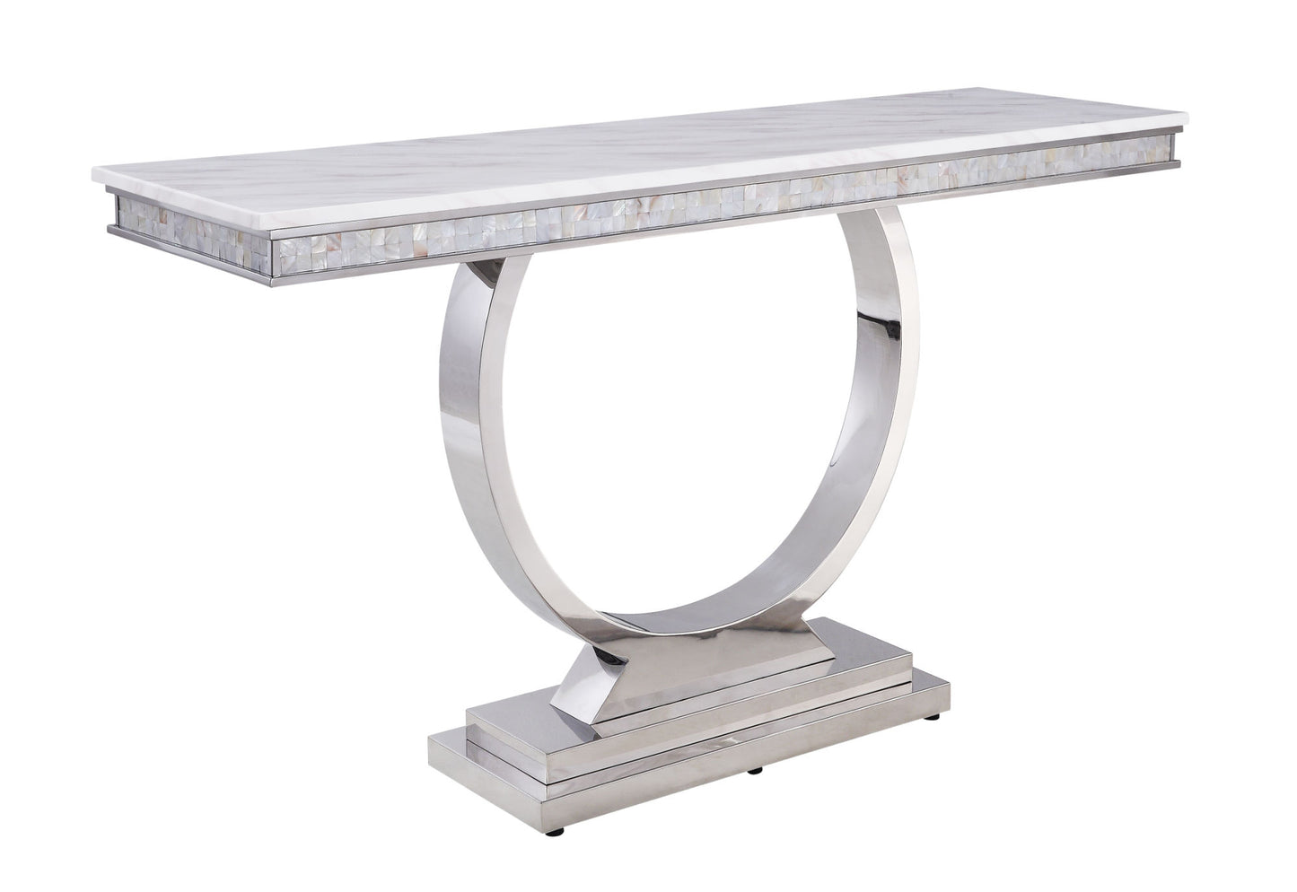 acme zander sofa table, white printed faux marble & mirrored silver finish