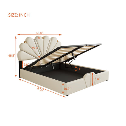 Upholstered Petal Shaped Platform Bed with Hydraulic Storage System, PU Storage Bed, Beige
