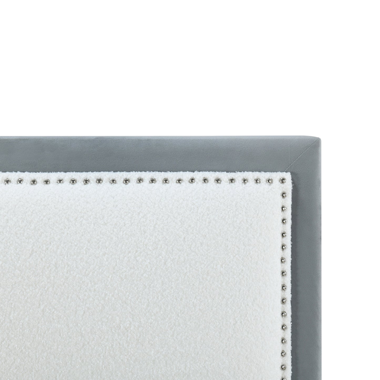 teddy upholstered platform bed with large rivet-decorated backrests and 4 drawers, velvet gray+white
