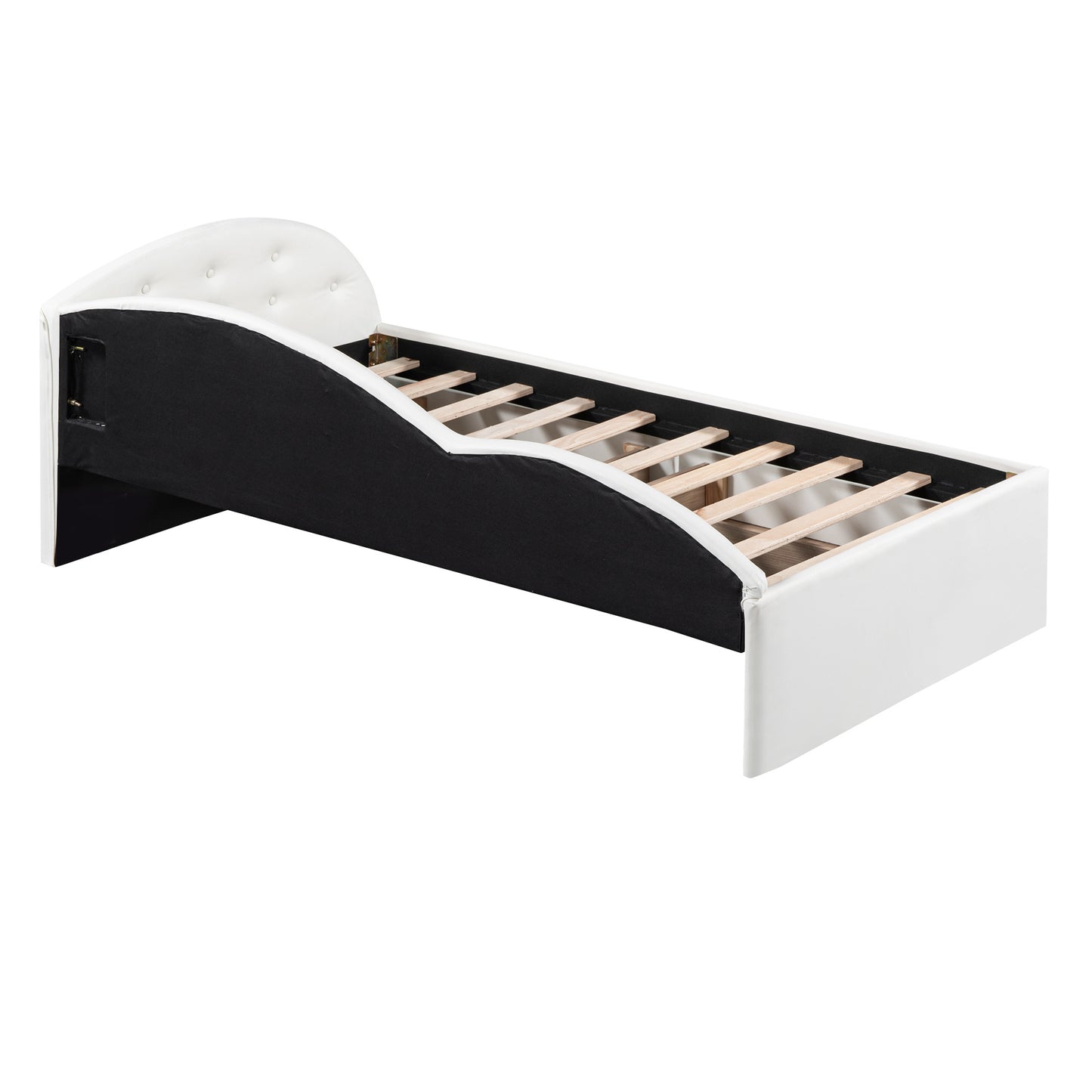 upholstered tufted bed with two drawers and cloud shaped guardrail, white