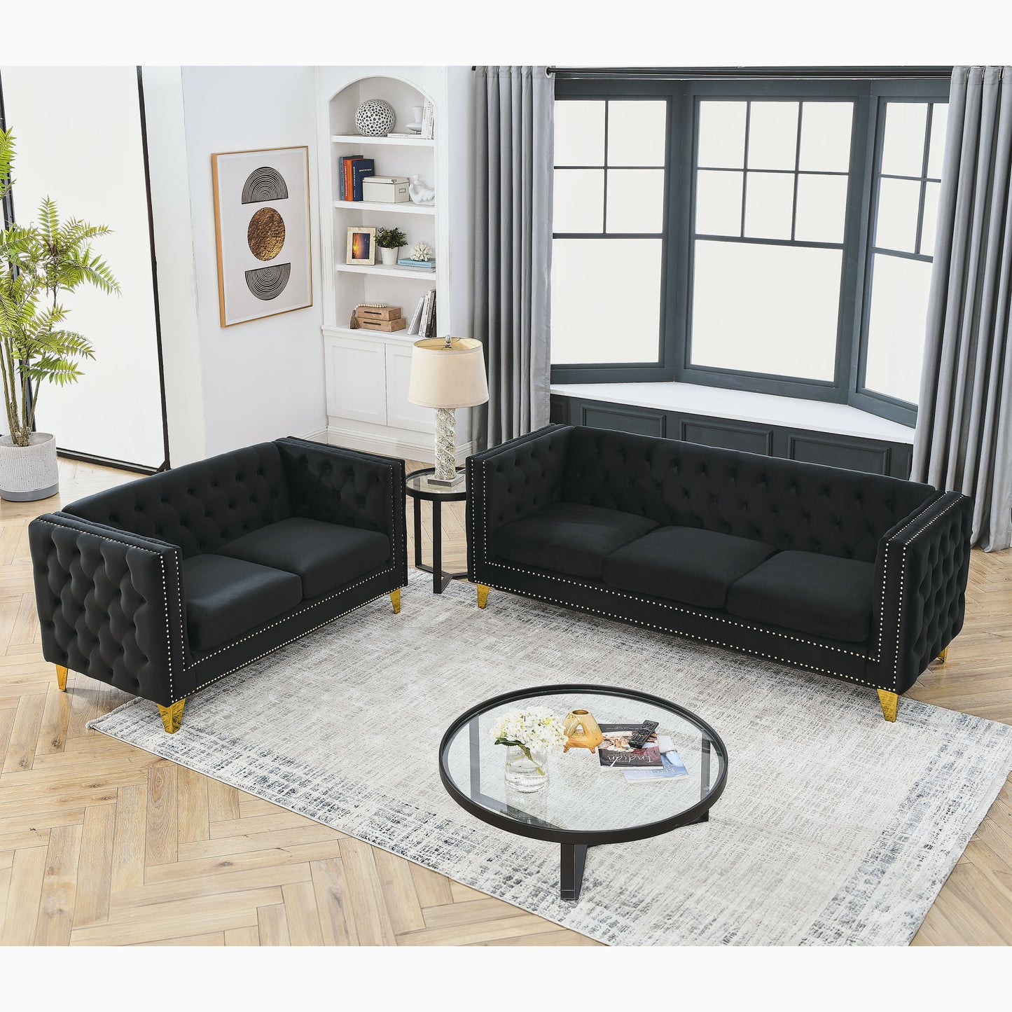 3-seater + 2-seater combination sofa, black velvet