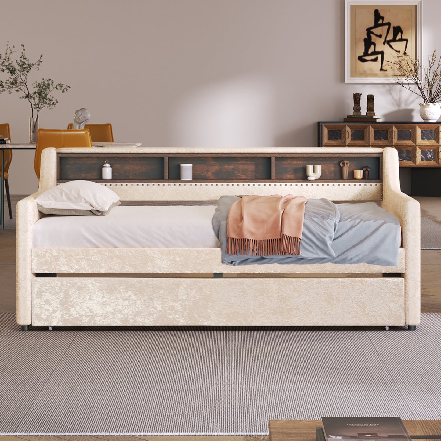twin size snowflake velvet bed with built-in storage shelves, beige