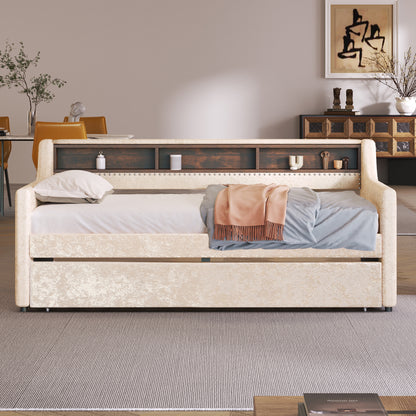 Twin Size Snowflake Velvet Bed with Built-in Storage Shelves, Beige