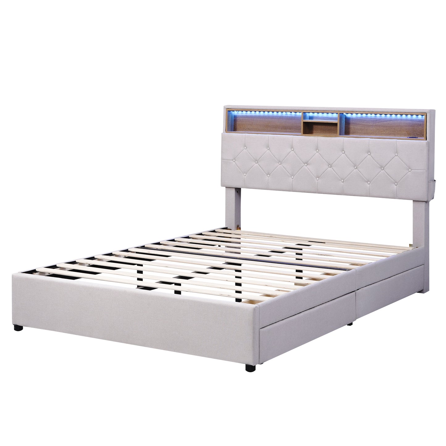 upholstered bed with storage headboard, led, usb charging and 2 drawers