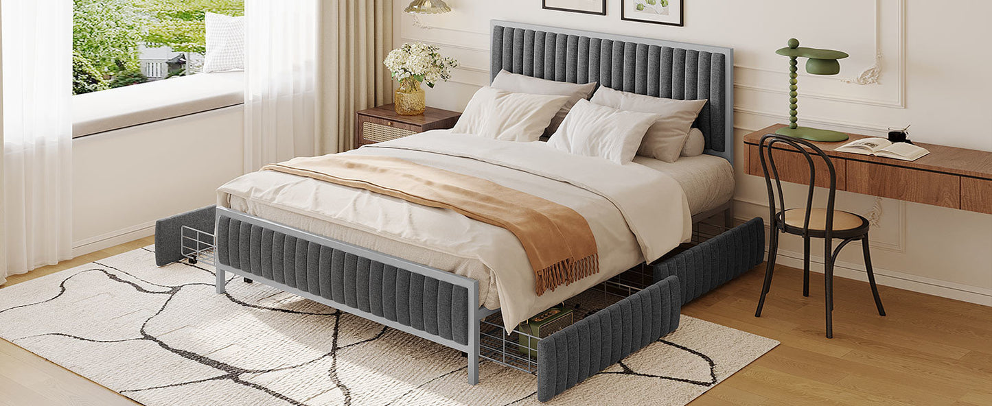 queen size metal frame upholstered bed with 4 drawers, linen fabric, gray