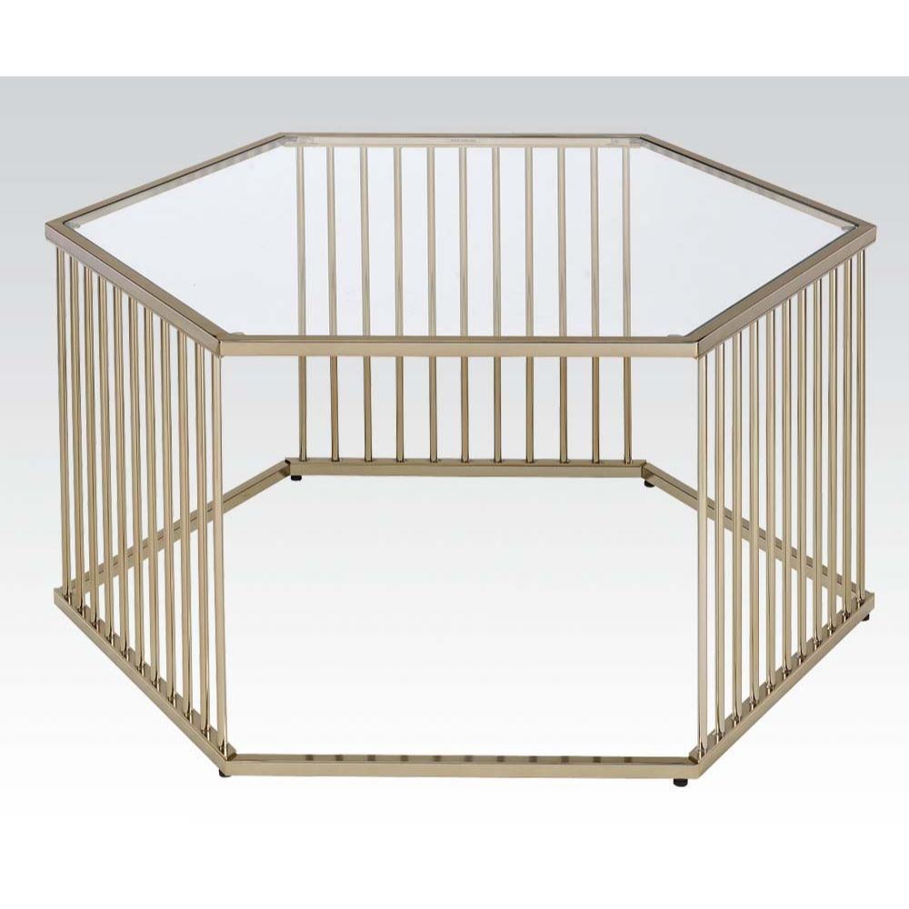 acme oaklie coffee table in champagne & clear glass