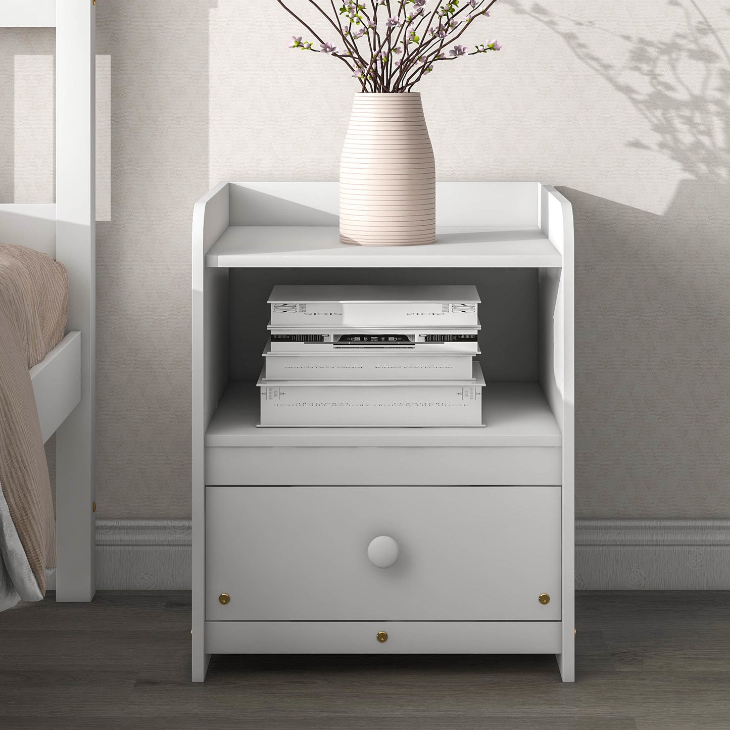 twin bed with headboard & nightstand, white