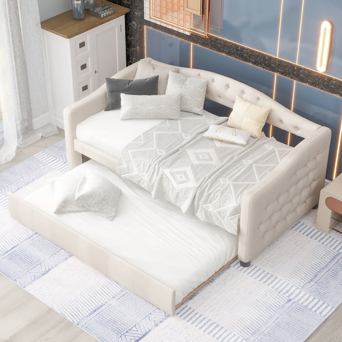 vogue upholstered bed with trundle, beige