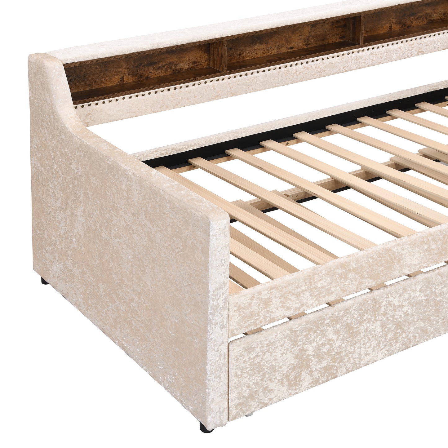 twin size snowflake velvet bed with built-in storage shelves, beige