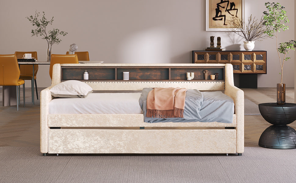 twin size snowflake velvet bed with built-in storage shelves, beige