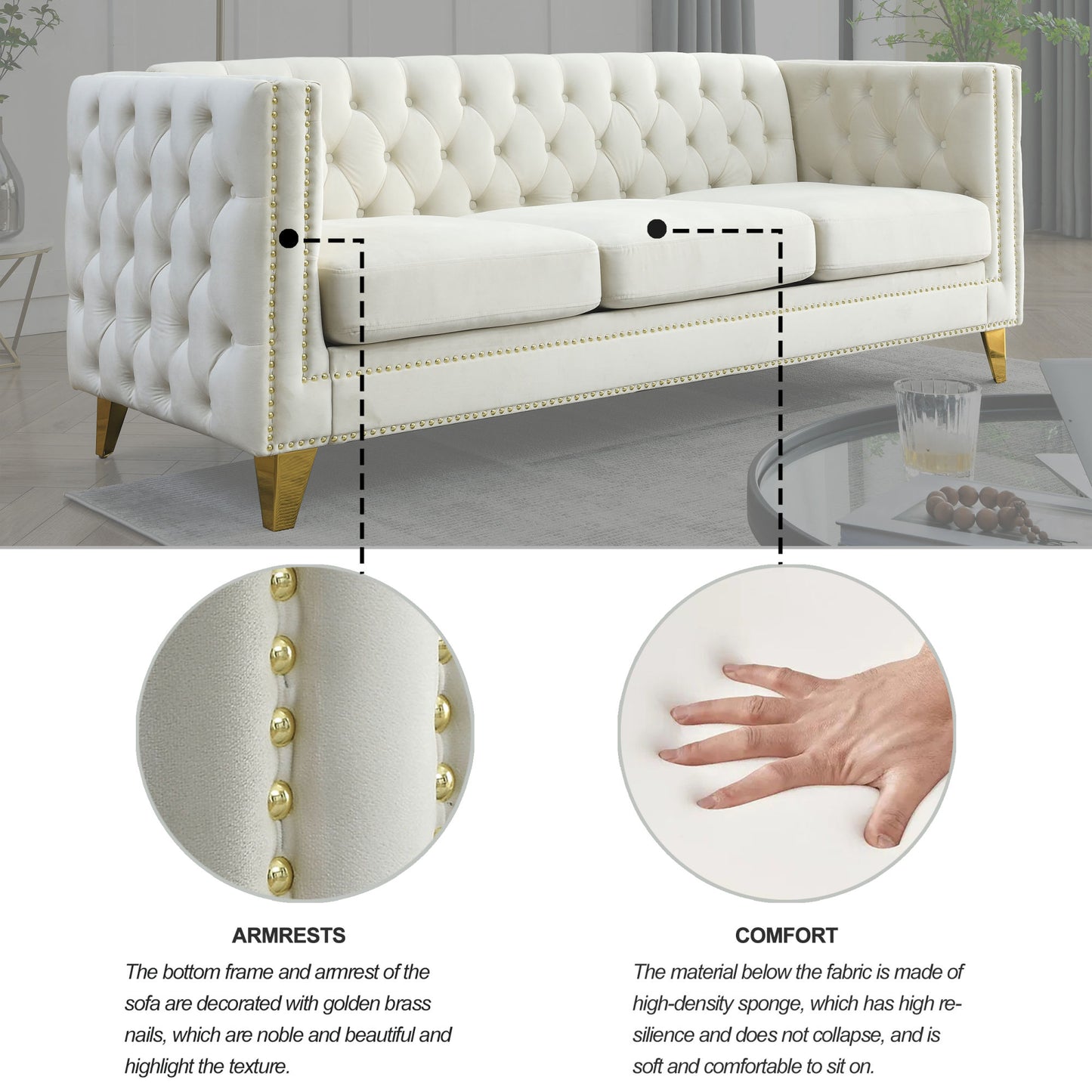 kate velvet upholstered sofa, beige velvet