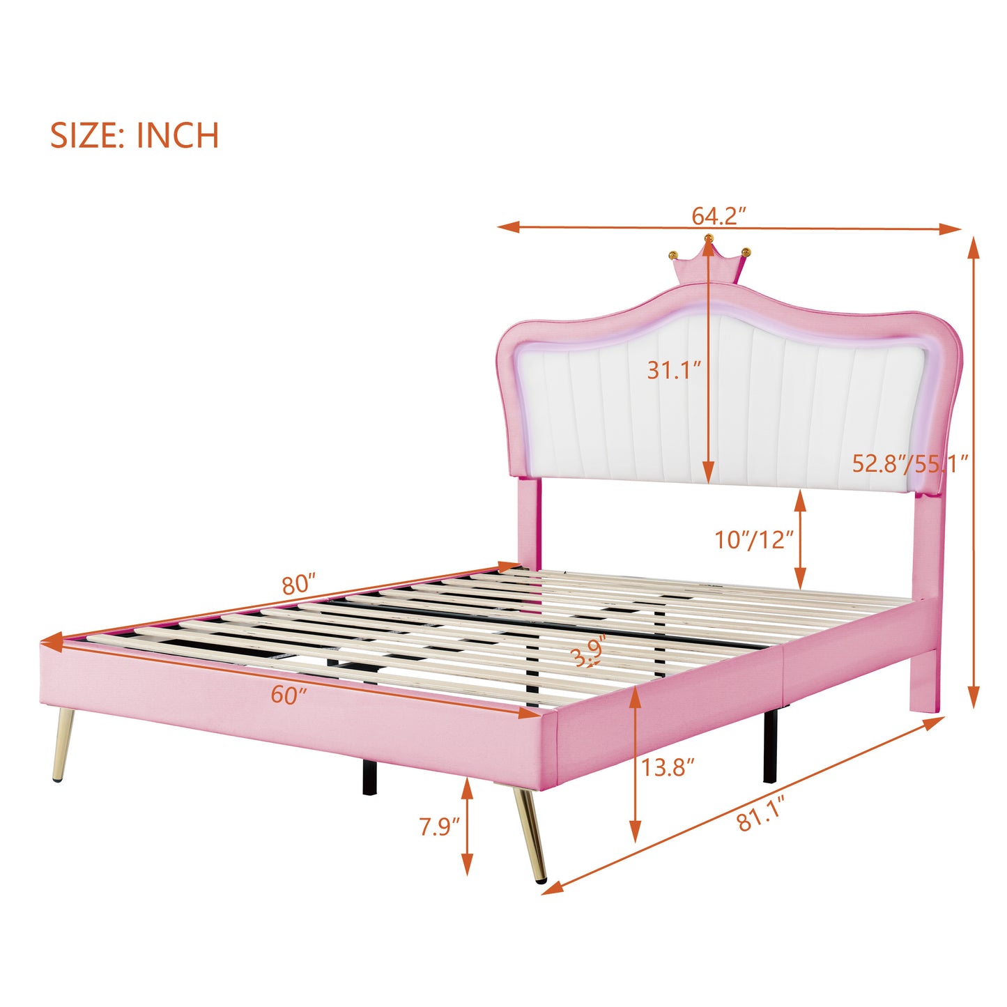 modern upholstered princess bed with crown headboard and led lights, white+pink