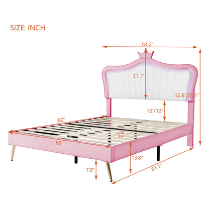 Modern Upholstered Princess Bed With Crown Headboard and LED Lights, White+Pink