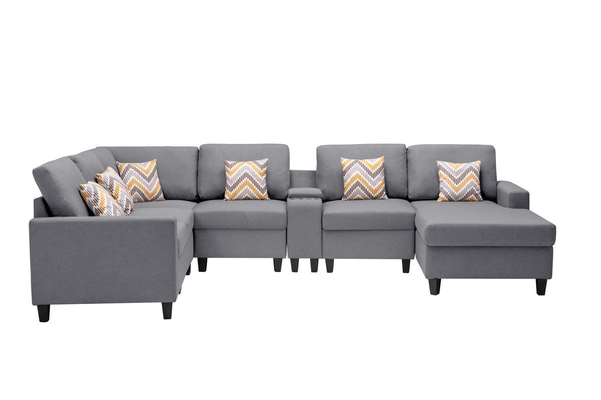 nolan 7pc reversible chaise sectional sofa with a usb, charging ports, cupholders, storage console table and pillows