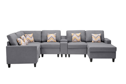 Nolan 7Pc Reversible Chaise Sectional Sofa with a USB, Charging Ports, Cupholders, Storage Console Table and Pillows